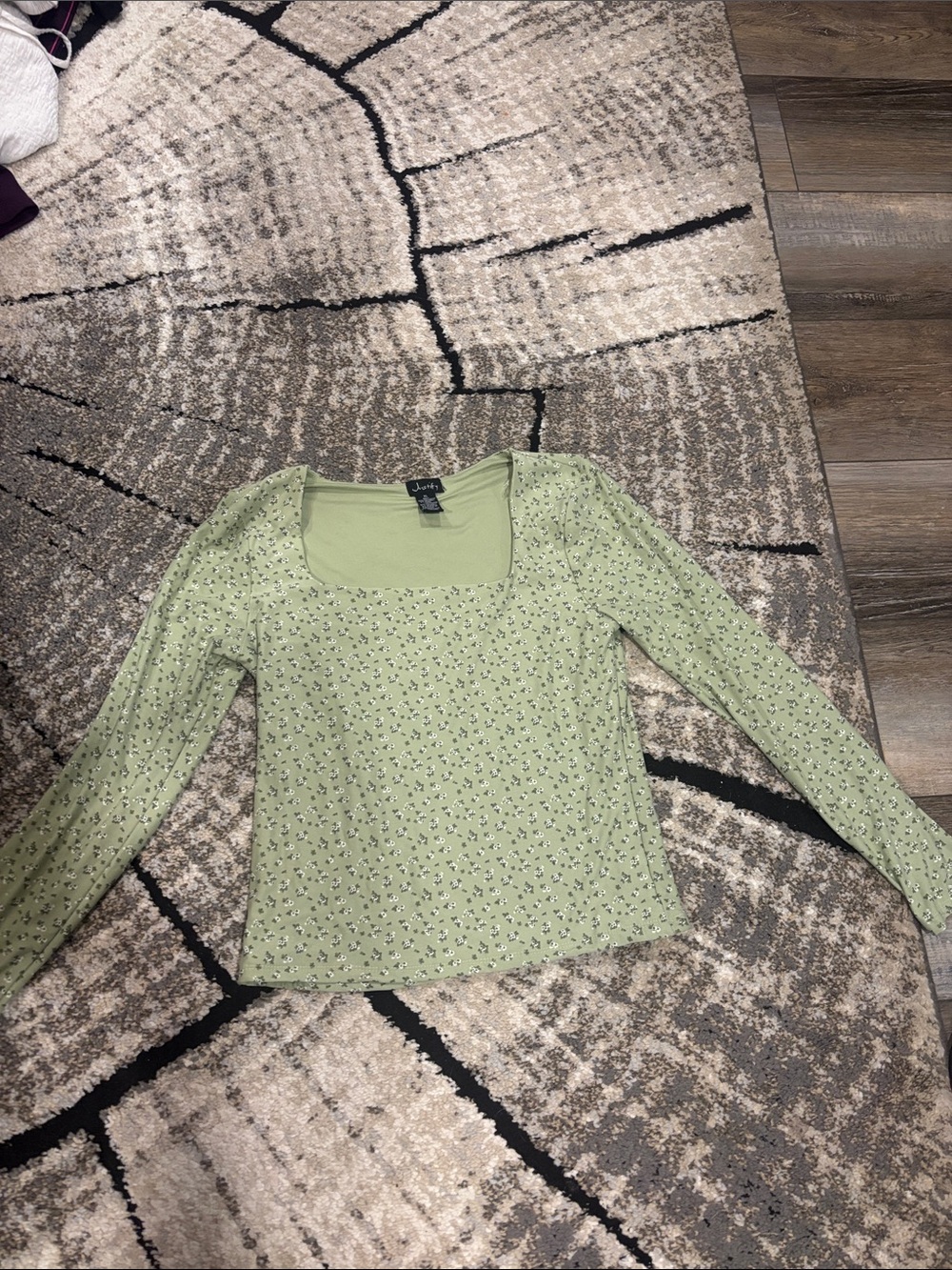 Justify Light Green Floral Square-Neck Long Sleeve Top
